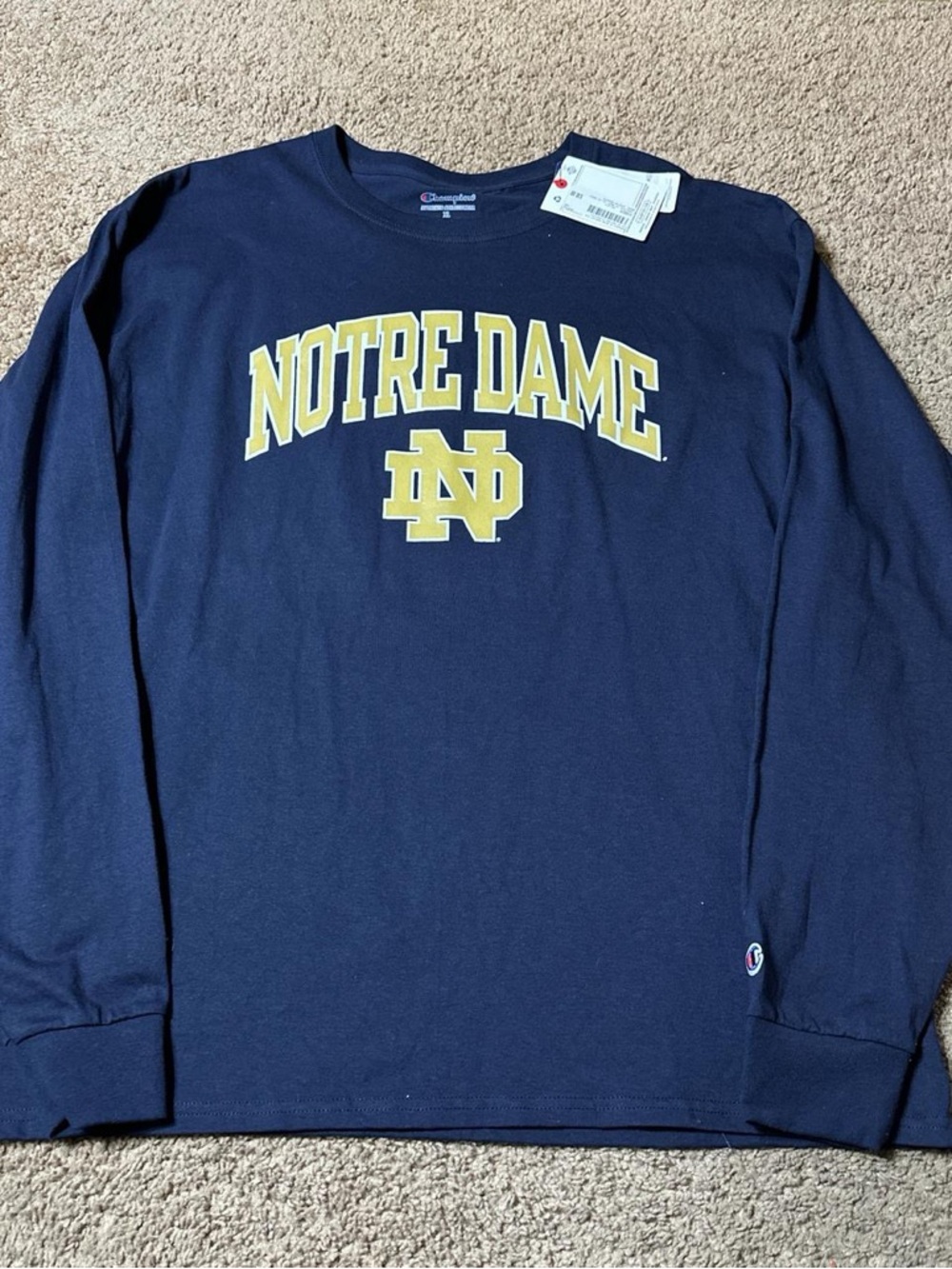 Champion Navy Long Sleeve Tee with Gold Notre Dame Logo